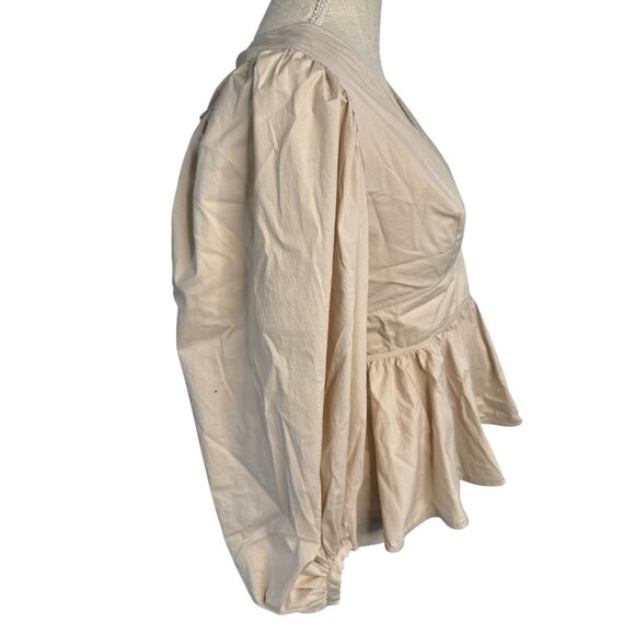 Staud Beige Peplum Blouse With Puff Sleeves & V-Neckline Size S - Picture 2 of 12